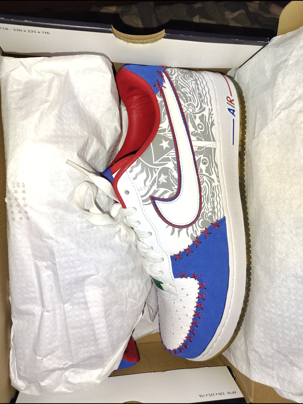 Nike Air Force 1 Low — Red, Blue & White Graphic Stitch